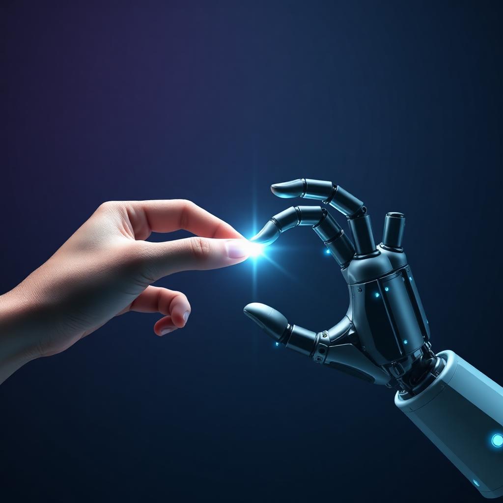 Mão humana e mão robótica — Humanidade no centro